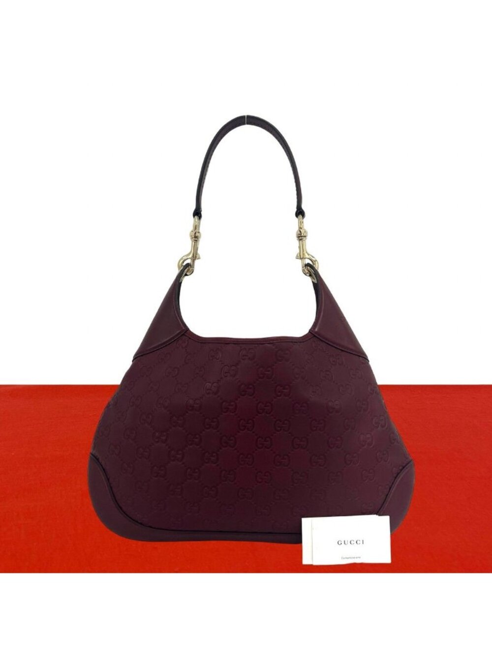Gucci Guccissima B Logo Stamp Leather Semi Hobo Wine Red
